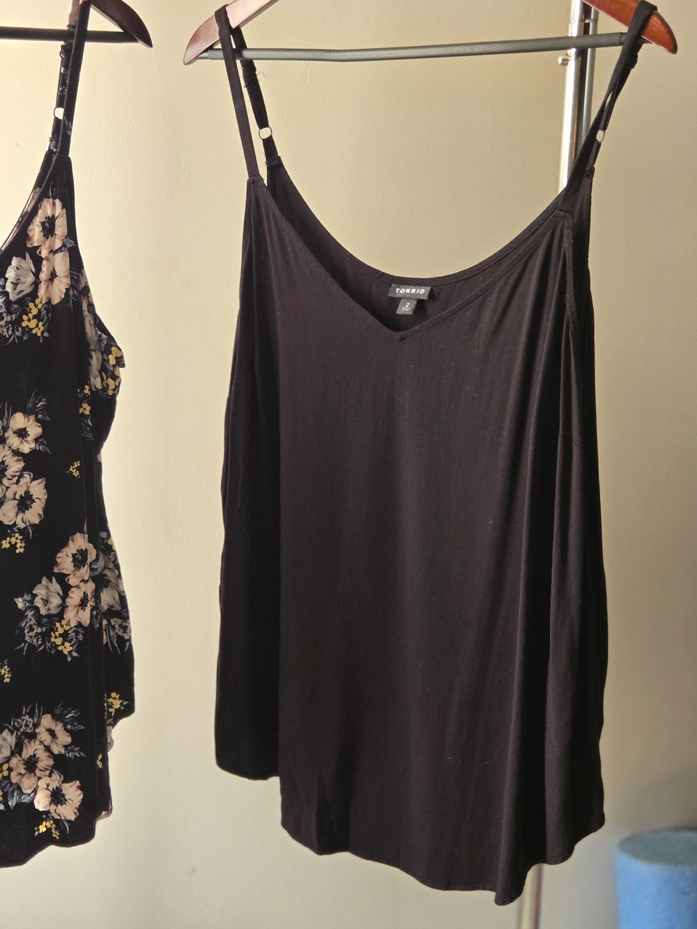 Two Torrid Black And Floral V-Neck Slim-Strap Camisole Tanks (2)